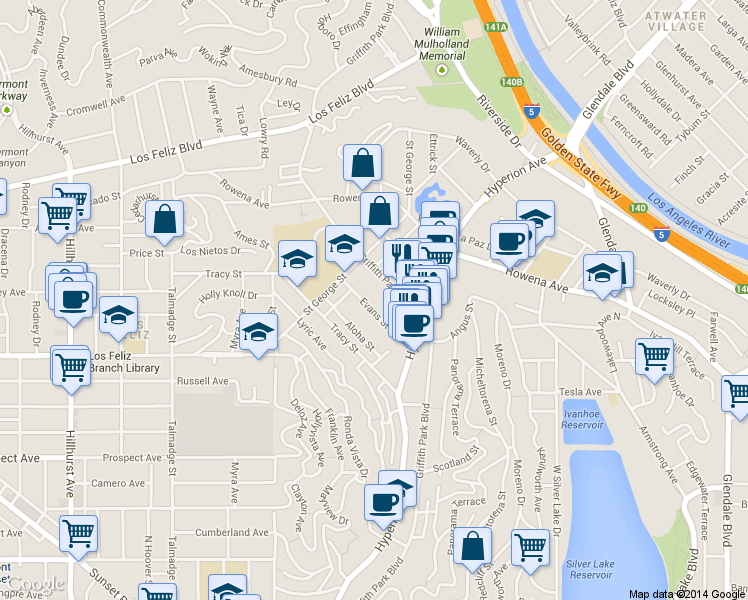 map of restaurants, bars, coffee shops, grocery stores, and more near 3822 Evans Street West in Los Angeles