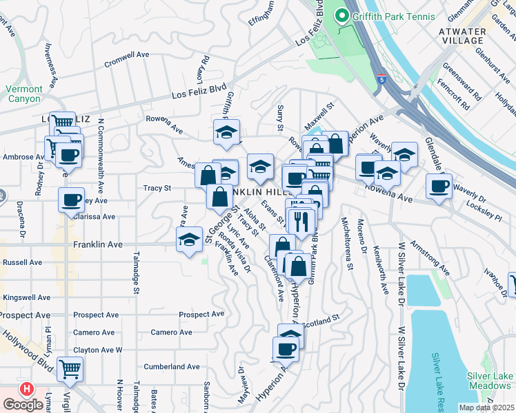 map of restaurants, bars, coffee shops, grocery stores, and more near 3822 Evans Street West in Los Angeles