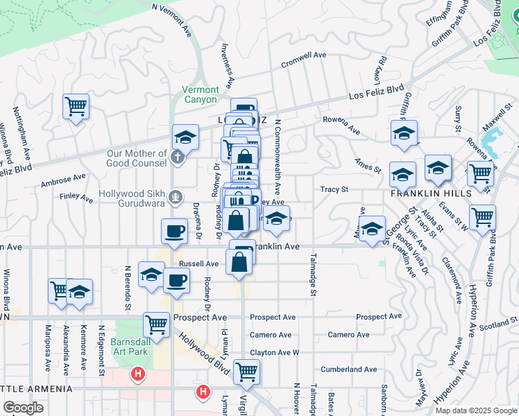 map of restaurants, bars, coffee shops, grocery stores, and more near 4451 Clarissa Avenue in Los Angeles