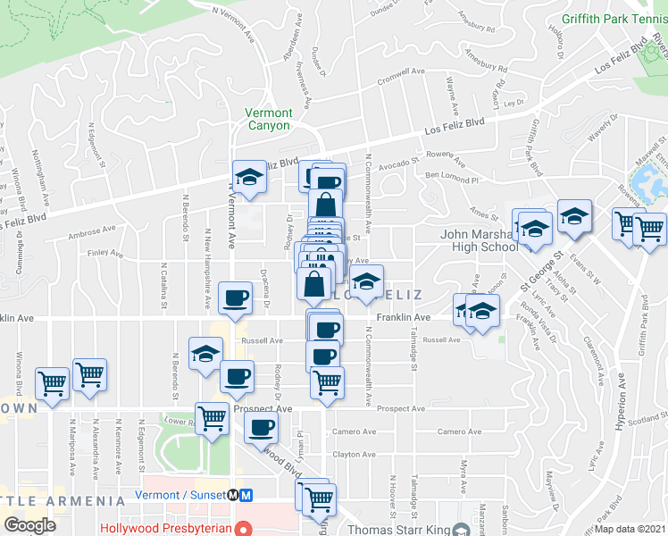 map of restaurants, bars, coffee shops, grocery stores, and more near 4451 Clarissa Avenue in Los Angeles