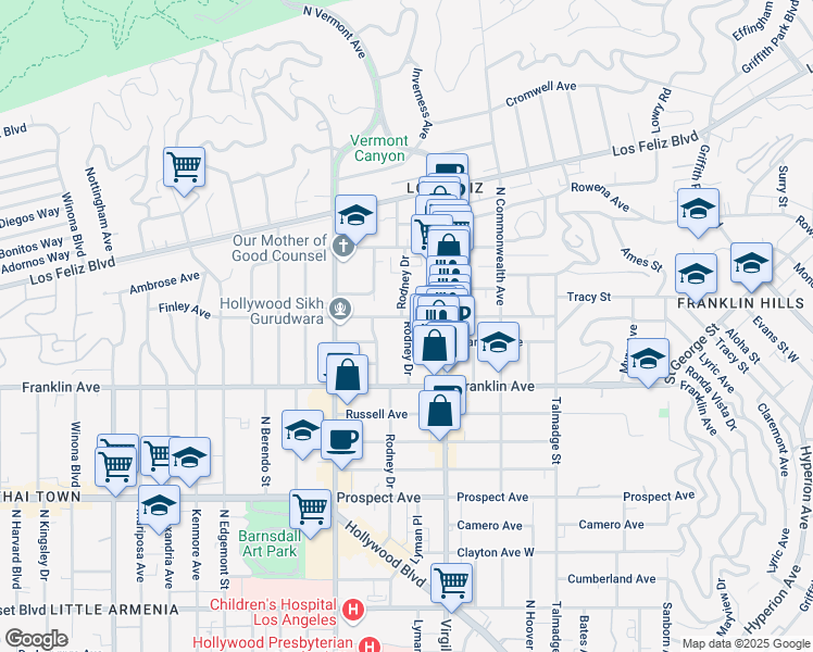 map of restaurants, bars, coffee shops, grocery stores, and more near 1952 Rodney Drive in Los Angeles