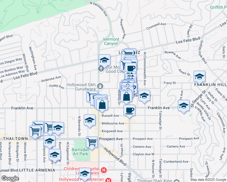 map of restaurants, bars, coffee shops, grocery stores, and more near 1954 Dracena Drive in Los Angeles