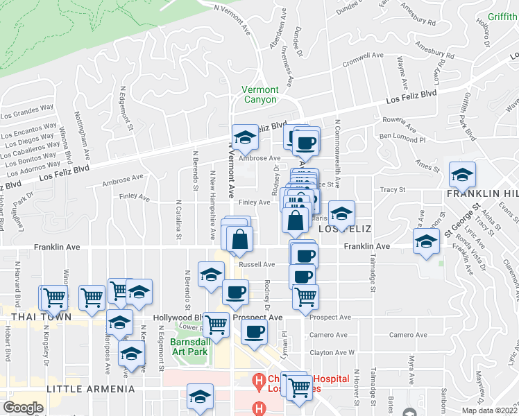 map of restaurants, bars, coffee shops, grocery stores, and more near 1954 Dracena Drive in Los Angeles