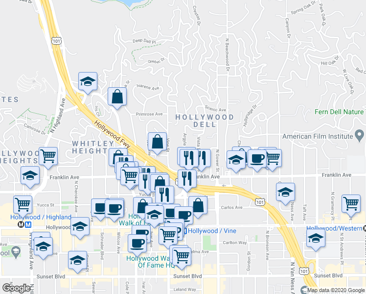 map of restaurants, bars, coffee shops, grocery stores, and more near 1961 Argyle Avenue in Los Angeles