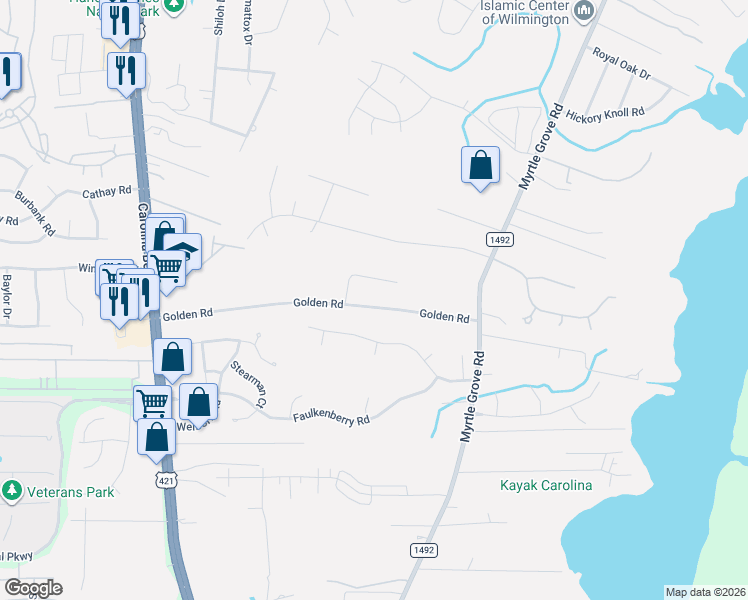map of restaurants, bars, coffee shops, grocery stores, and more near 213 Golden Road in Wilmington