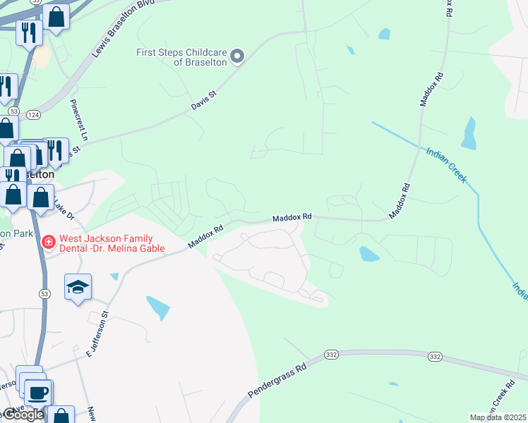 map of restaurants, bars, coffee shops, grocery stores, and more near 414 Red Wood Lane in Hoschton
