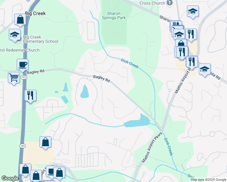 map of restaurants, bars, coffee shops, grocery stores, and more near 2528 Bagley Road in Cumming