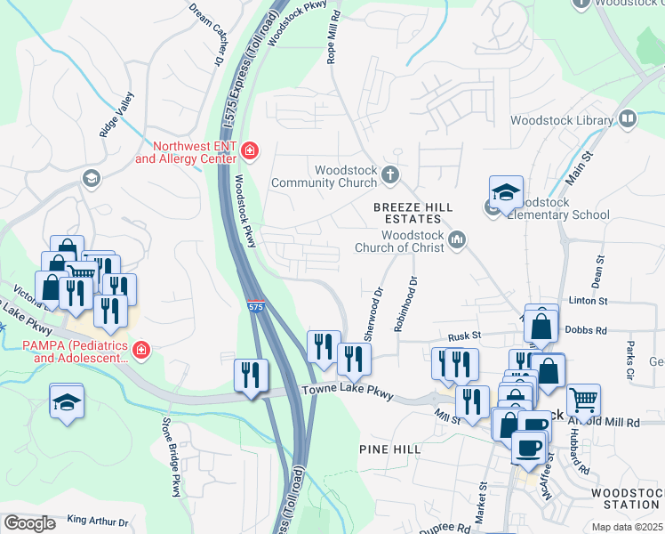 map of restaurants, bars, coffee shops, grocery stores, and more near 305 Commons Avenue in Woodstock