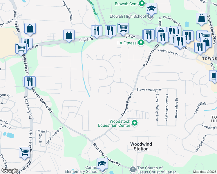 map of restaurants, bars, coffee shops, grocery stores, and more near 5005 Spice Garden Lane in Woodstock