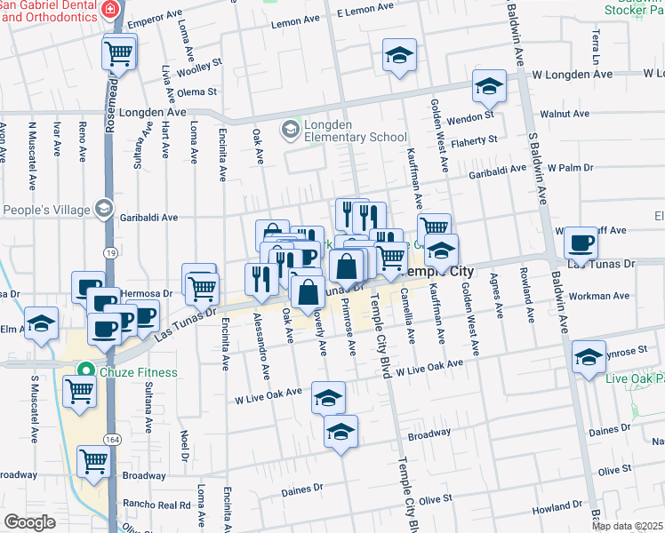 map of restaurants, bars, coffee shops, grocery stores, and more near 5929 Primrose Avenue in Temple City