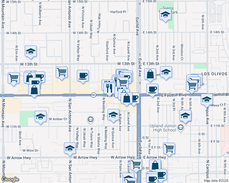 map of restaurants, bars, coffee shops, grocery stores, and more near 160 West Foothill Boulevard in Upland