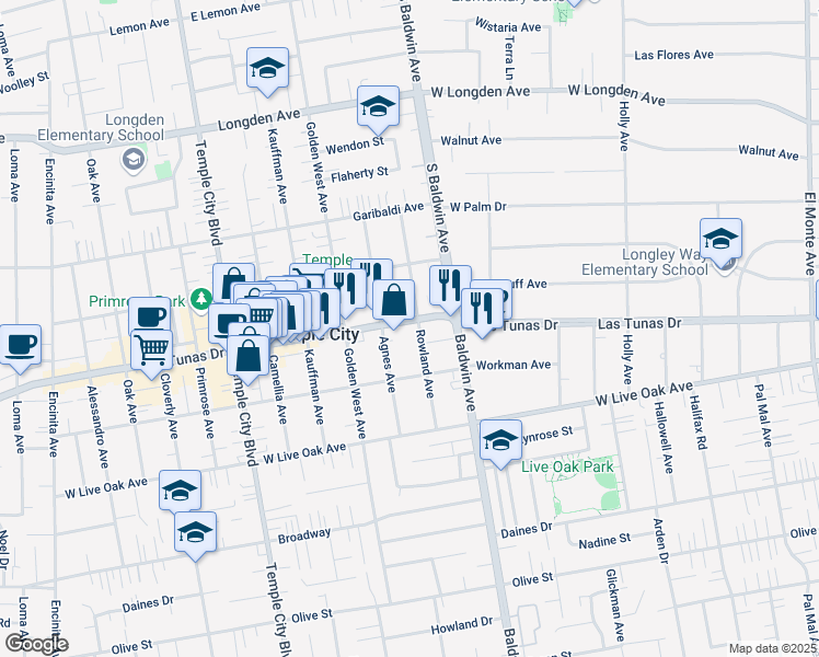 map of restaurants, bars, coffee shops, grocery stores, and more near 5838 Agnes Avenue in Temple City