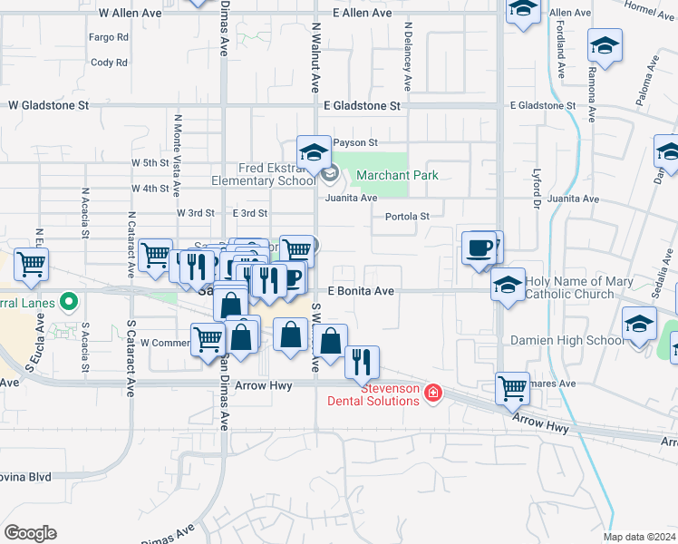 map of restaurants, bars, coffee shops, grocery stores, and more near 213 Pony Express Road in San Dimas