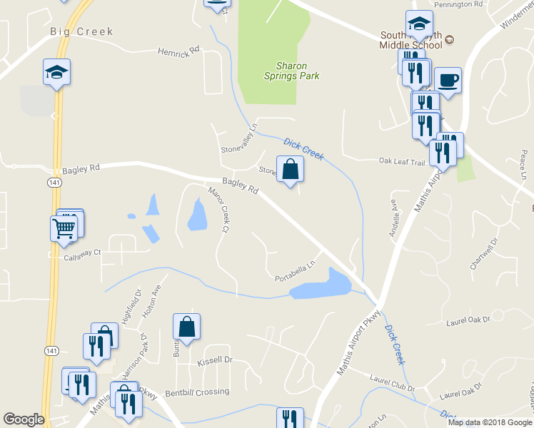 map of restaurants, bars, coffee shops, grocery stores, and more near 2528 Bagley Road in Cumming