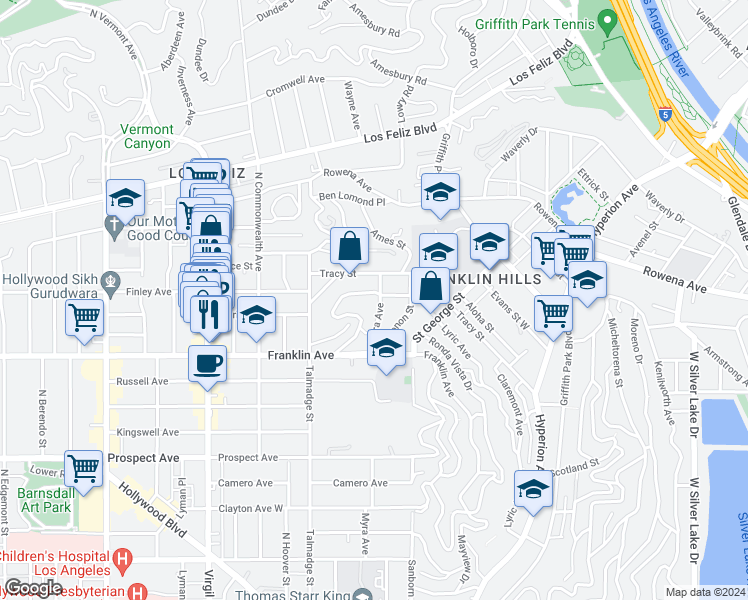 map of restaurants, bars, coffee shops, grocery stores, and more near 1967 Myra Avenue in Los Angeles