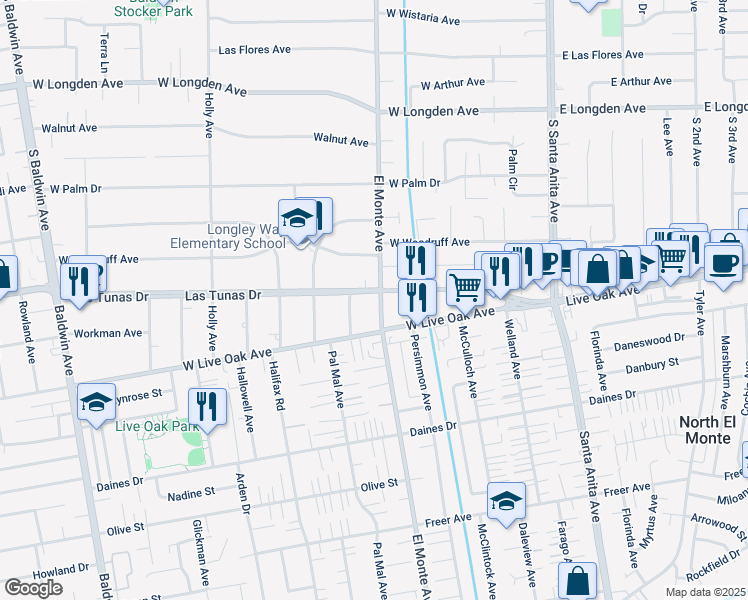 map of restaurants, bars, coffee shops, grocery stores, and more near 200 Las Tunas Drive in Arcadia