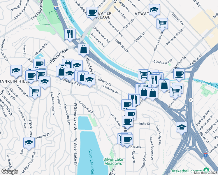 map of restaurants, bars, coffee shops, grocery stores, and more near 2707 Locksley Place in Los Angeles