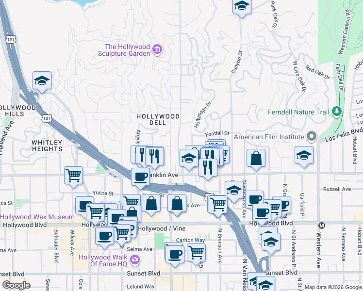 map of restaurants, bars, coffee shops, grocery stores, and more near 1962 Beachwood Drive in Los Angeles