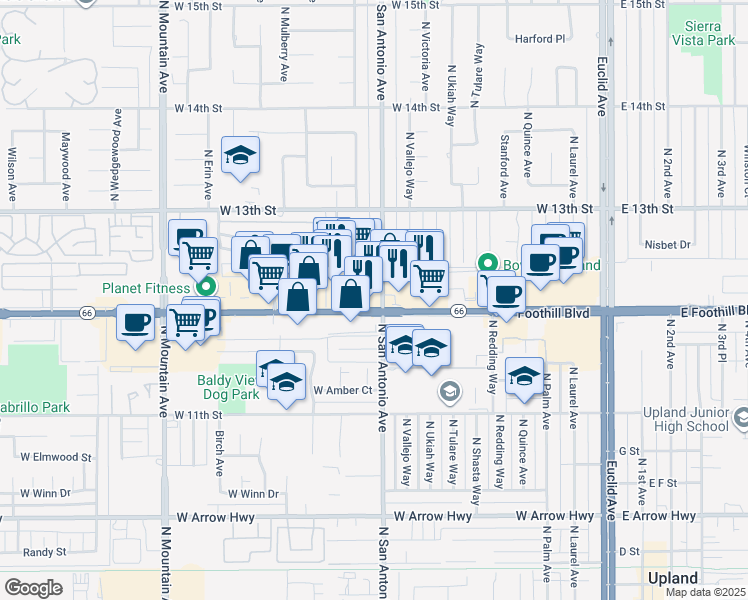 map of restaurants, bars, coffee shops, grocery stores, and more near 811 West Foothill Boulevard in Upland