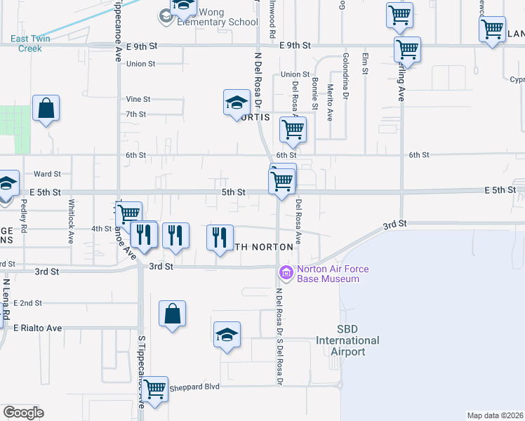 map of restaurants, bars, coffee shops, grocery stores, and more near 8055 Michael Drive in San Bernardino