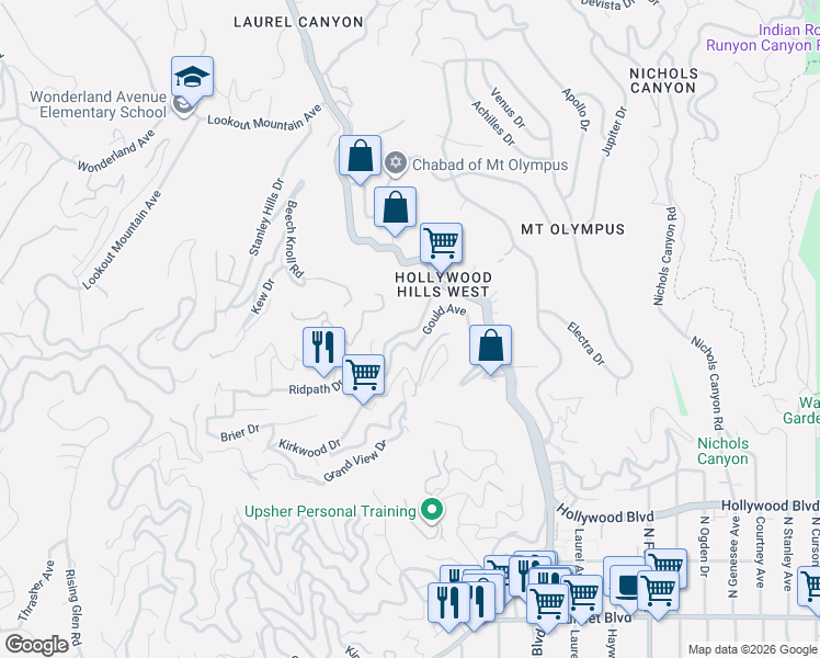 map of restaurants, bars, coffee shops, grocery stores, and more near 8162 Kirkwood Drive in Los Angeles