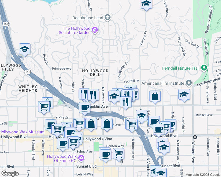 map of restaurants, bars, coffee shops, grocery stores, and more near 2000 Beachwood Drive in Los Angeles