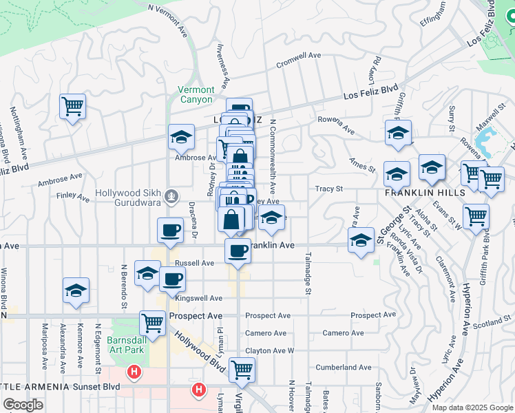 map of restaurants, bars, coffee shops, grocery stores, and more near 4426 Finley Avenue in Los Angeles