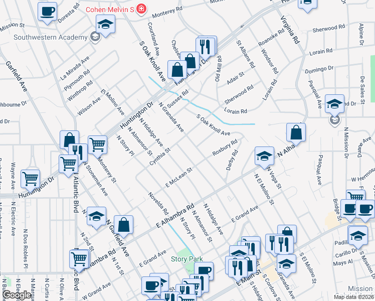 map of restaurants, bars, coffee shops, grocery stores, and more near 900 North Cordova Street in Alhambra