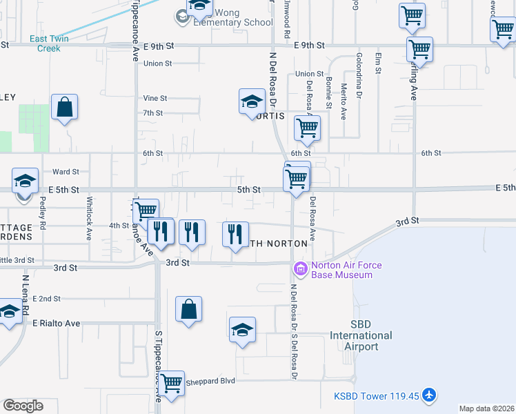 map of restaurants, bars, coffee shops, grocery stores, and more near 8043 Donna Drive in San Bernardino