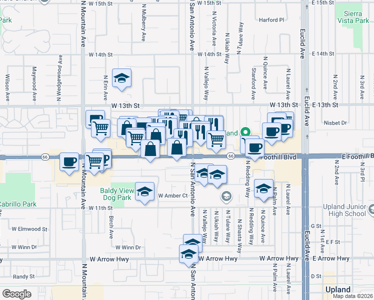 map of restaurants, bars, coffee shops, grocery stores, and more near 811 West Foothill Boulevard in Upland