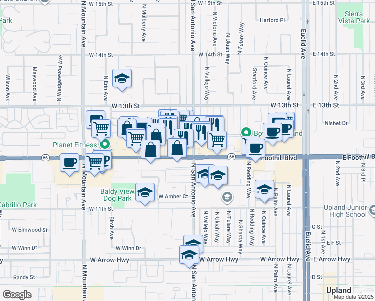 map of restaurants, bars, coffee shops, grocery stores, and more near 811 West Foothill Boulevard in Upland