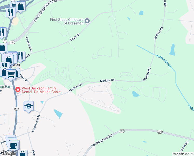 map of restaurants, bars, coffee shops, grocery stores, and more near 414 Red Wood Lane in Hoschton