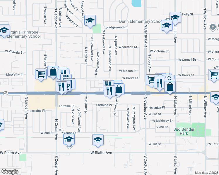 map of restaurants, bars, coffee shops, grocery stores, and more near 985 West Clover Avenue in Rialto