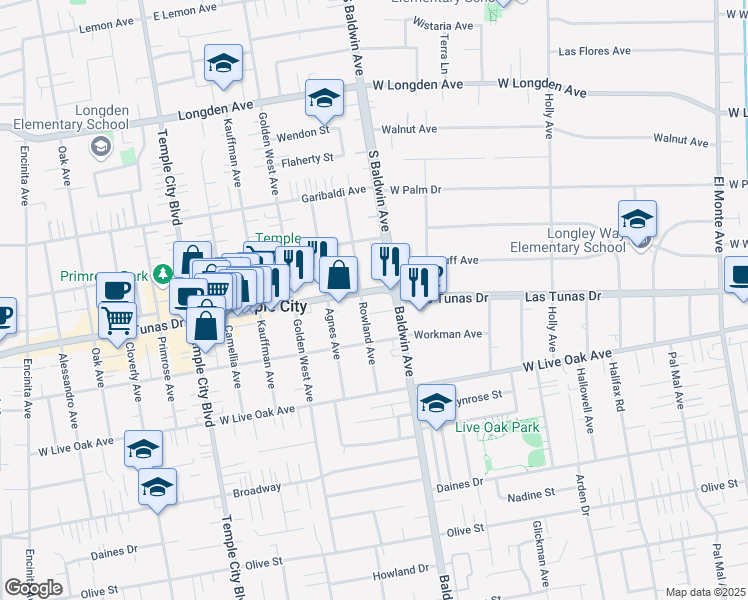 map of restaurants, bars, coffee shops, grocery stores, and more near 5828 Rowland Avenue in Temple City