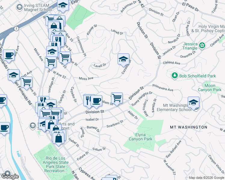map of restaurants, bars, coffee shops, grocery stores, and more near 3526 Loma Lada Drive in Los Angeles