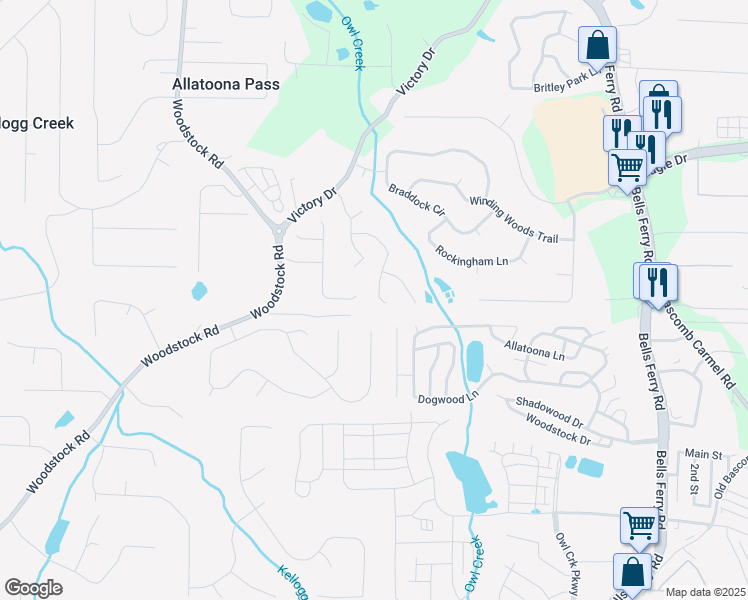 map of restaurants, bars, coffee shops, grocery stores, and more near 324 Victory Commons Overlook in Acworth