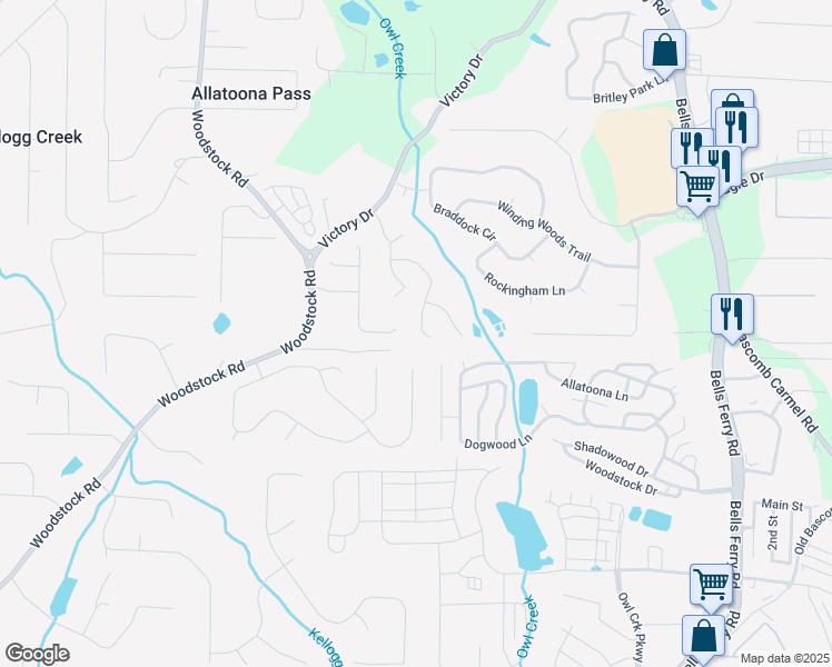map of restaurants, bars, coffee shops, grocery stores, and more near 324 Victory Commons Overlook in Acworth