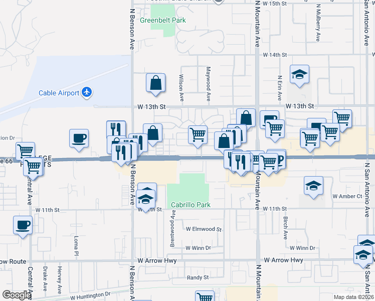 map of restaurants, bars, coffee shops, grocery stores, and more near 1425 West Foothill Boulevard in Upland