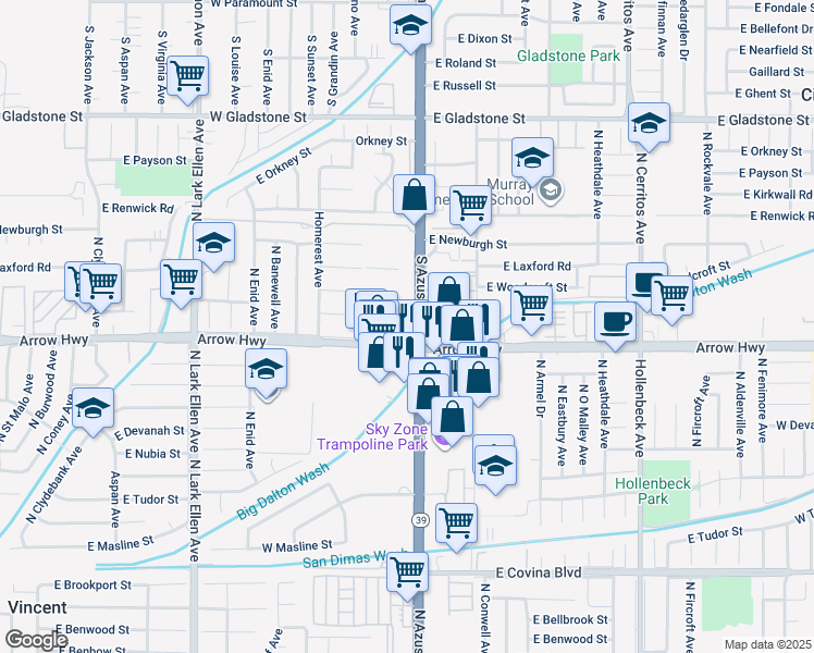 map of restaurants, bars, coffee shops, grocery stores, and more near 1477 North Azusa Avenue in Covina