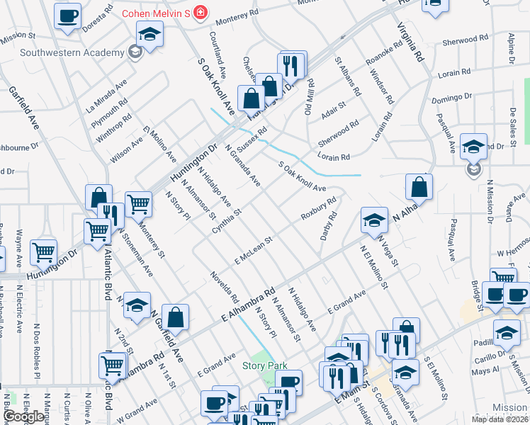 map of restaurants, bars, coffee shops, grocery stores, and more near 900 North Cordova Street in Alhambra