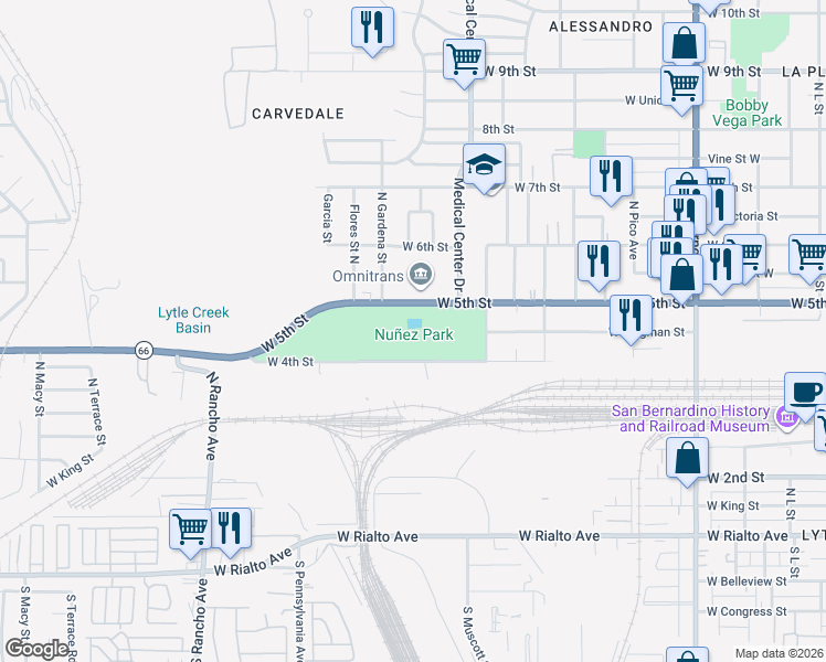 map of restaurants, bars, coffee shops, grocery stores, and more near 1717 West 5th Street in San Bernardino