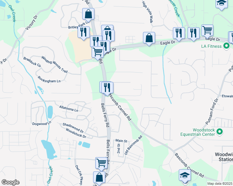 map of restaurants, bars, coffee shops, grocery stores, and more near 207 Strawberry Lane in Woodstock