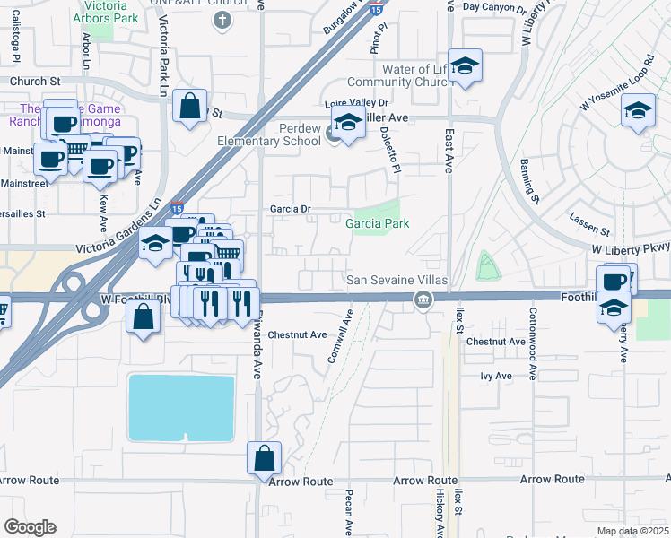 map of restaurants, bars, coffee shops, grocery stores, and more near 8090 Cornwall Court in Rancho Cucamonga