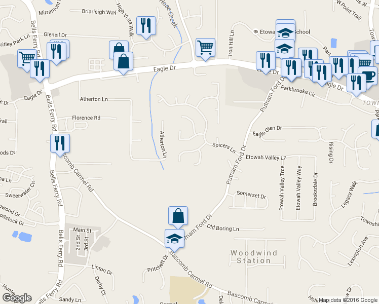 map of restaurants, bars, coffee shops, grocery stores, and more near 5009 Spice Garden Lane in Woodstock