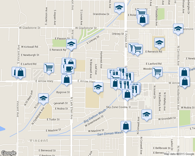 map of restaurants, bars, coffee shops, grocery stores, and more near 5208 North Leaf Avenue in Azusa