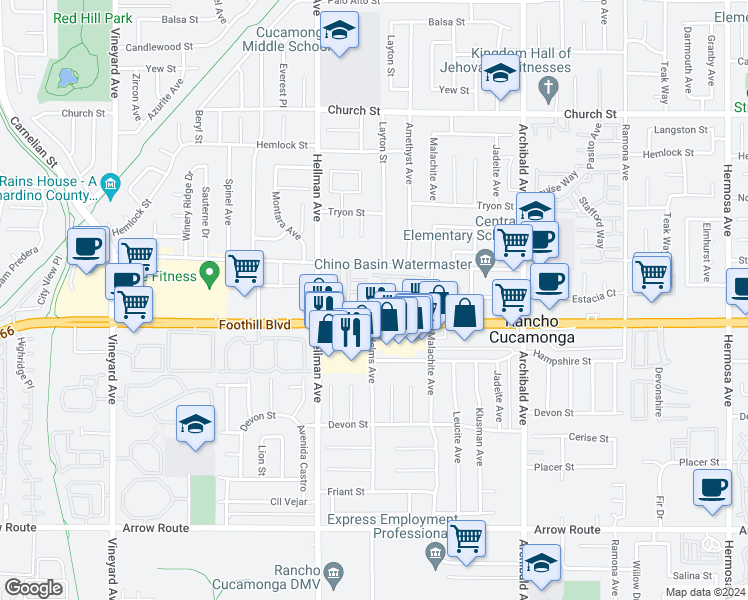 map of restaurants, bars, coffee shops, grocery stores, and more near 8048 Tulsa Place in Rancho Cucamonga