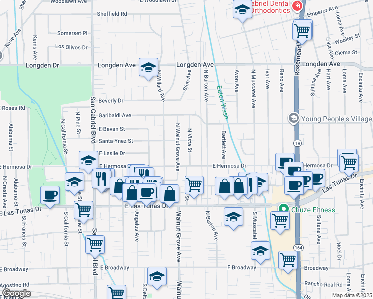 map of restaurants, bars, coffee shops, grocery stores, and more near 5939 North Vista Street in San Gabriel