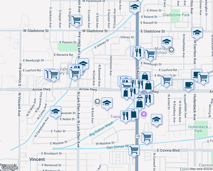 map of restaurants, bars, coffee shops, grocery stores, and more near 5208 North Leaf Avenue in Azusa