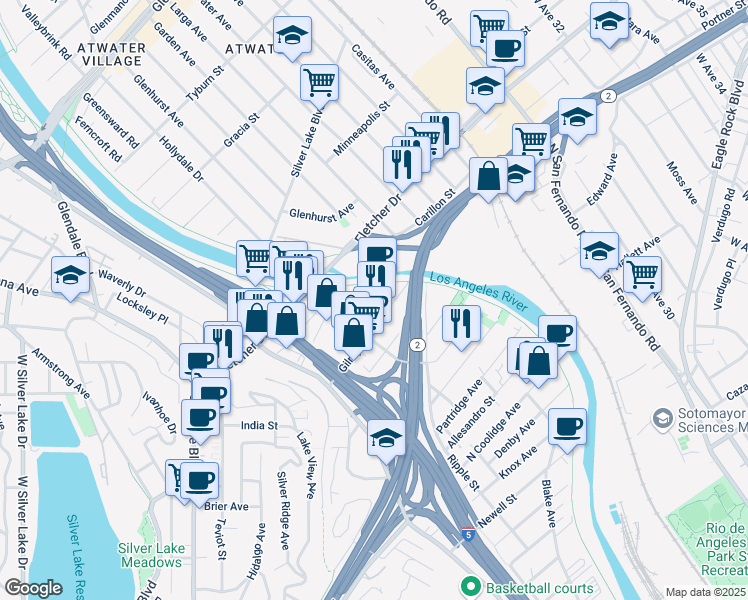 map of restaurants, bars, coffee shops, grocery stores, and more near 2938 Gilroy Street in Los Angeles