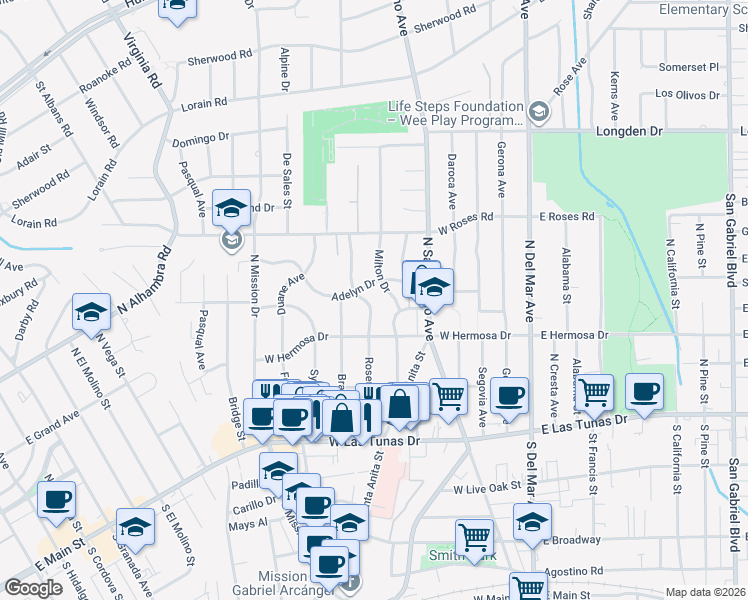 map of restaurants, bars, coffee shops, grocery stores, and more near 336 Rosemont Boulevard in San Gabriel